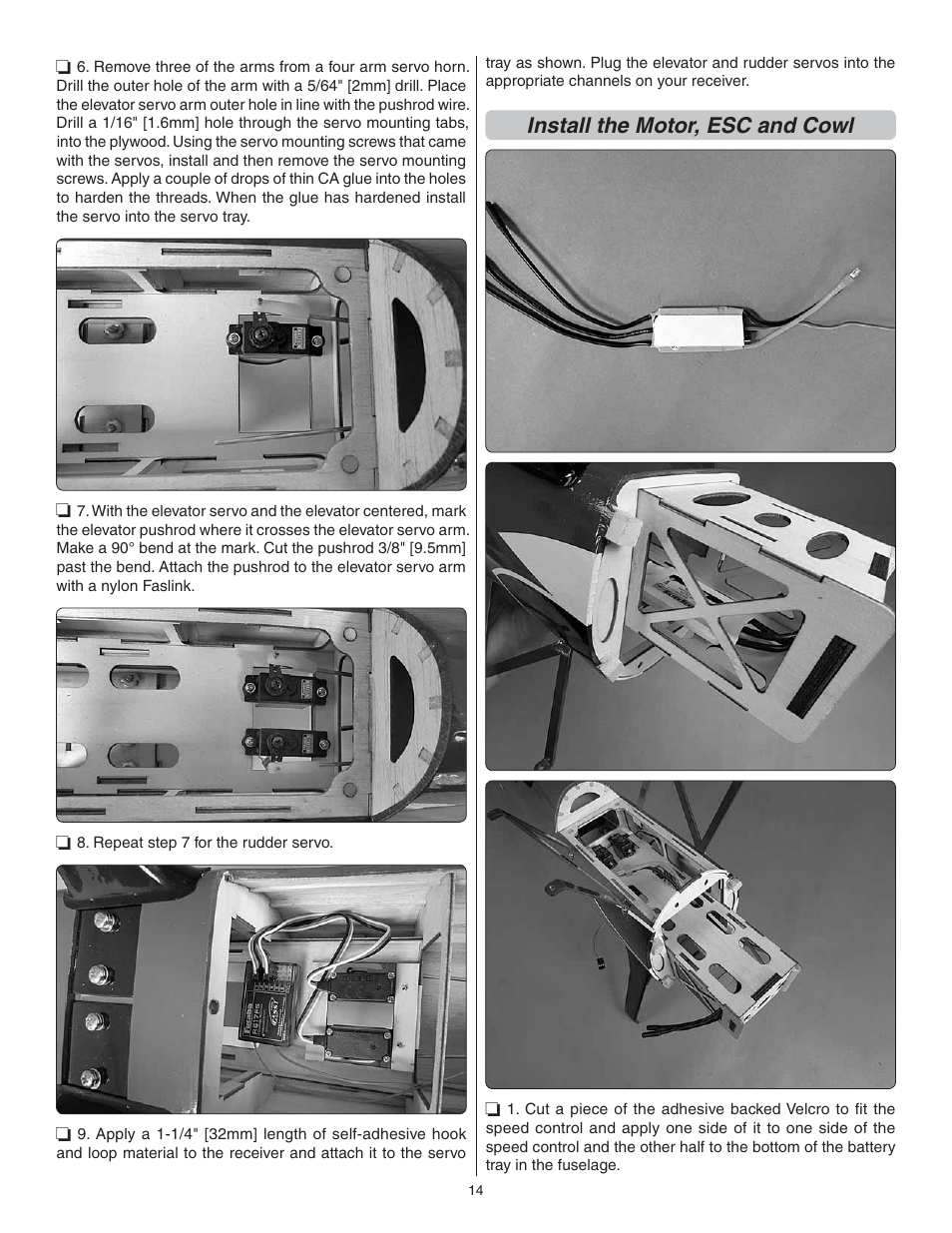 Install the motor, esc and cowl | Great Planes Curtis P-6E Hawk EP Biplane ARF - GPMA1164 User Manual | Page 14 / 24