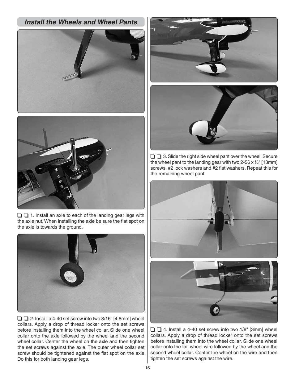 Install the wheels and wheel pants | Great Planes Curtis P-6E Hawk EP Biplane ARF - GPMA1164 User Manual | Page 16 / 24