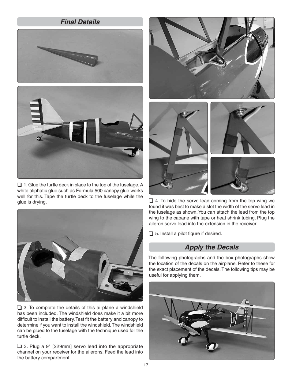 Final details, Apply the decals | Great Planes Curtis P-6E Hawk EP Biplane ARF - GPMA1164 User Manual | Page 17 / 24