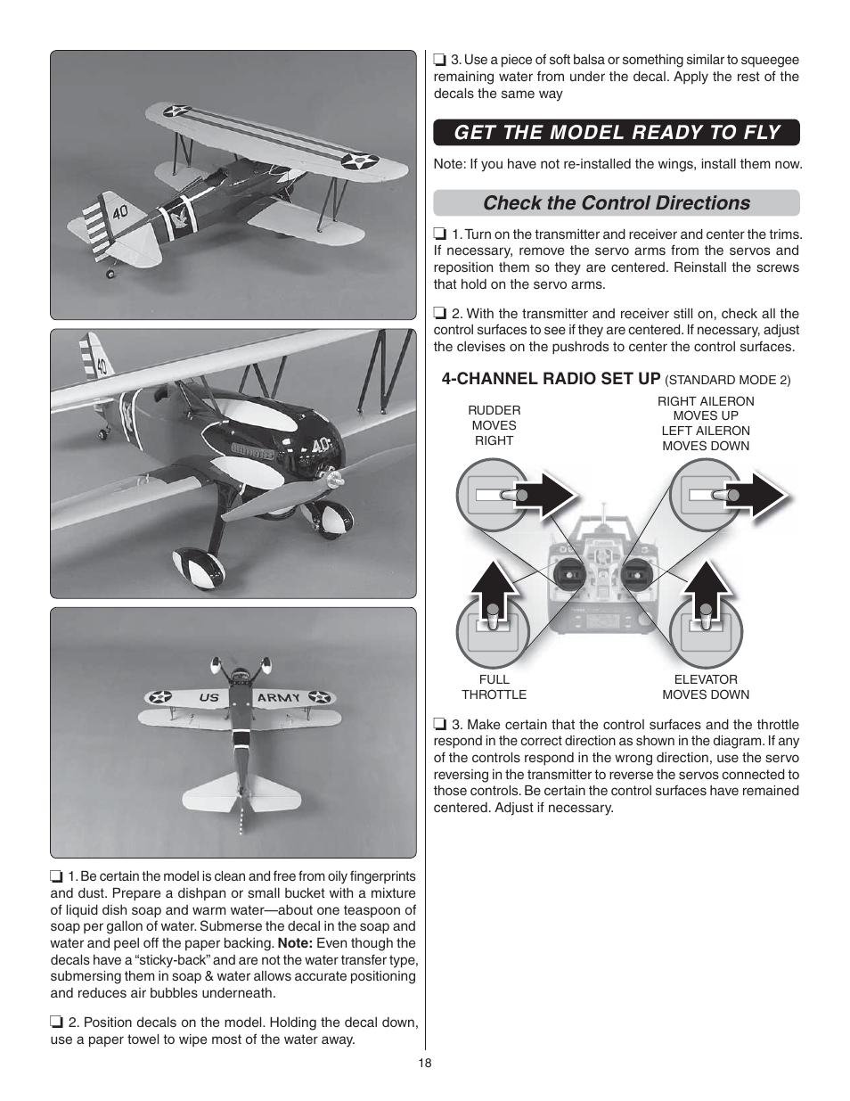 Get the model ready to fly, Check the control directions | Great Planes Curtis P-6E Hawk EP Biplane ARF - GPMA1164 User Manual | Page 18 / 24