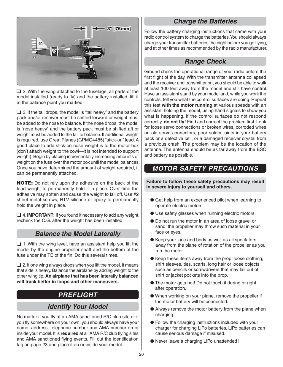Balance the model laterally, Preflight identify your model, Charge the batteries | Range check, Motor safety precautions | Great Planes Curtis P-6E Hawk EP Biplane ARF - GPMA1164 User Manual | Page 20 / 24