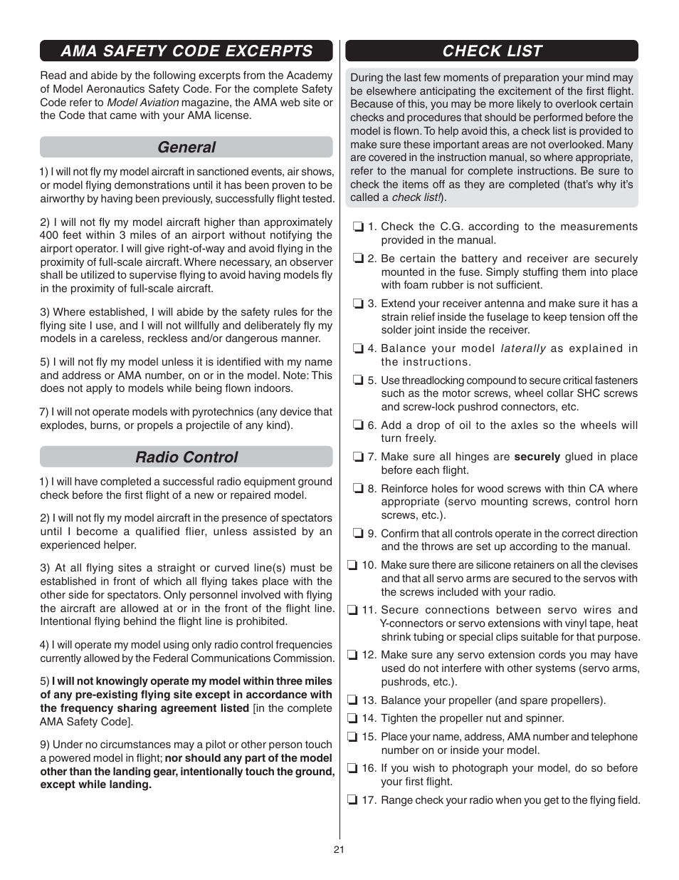 Ama safety code excerpts, General, Radio control | Check list | Great Planes Curtis P-6E Hawk EP Biplane ARF - GPMA1164 User Manual | Page 21 / 24