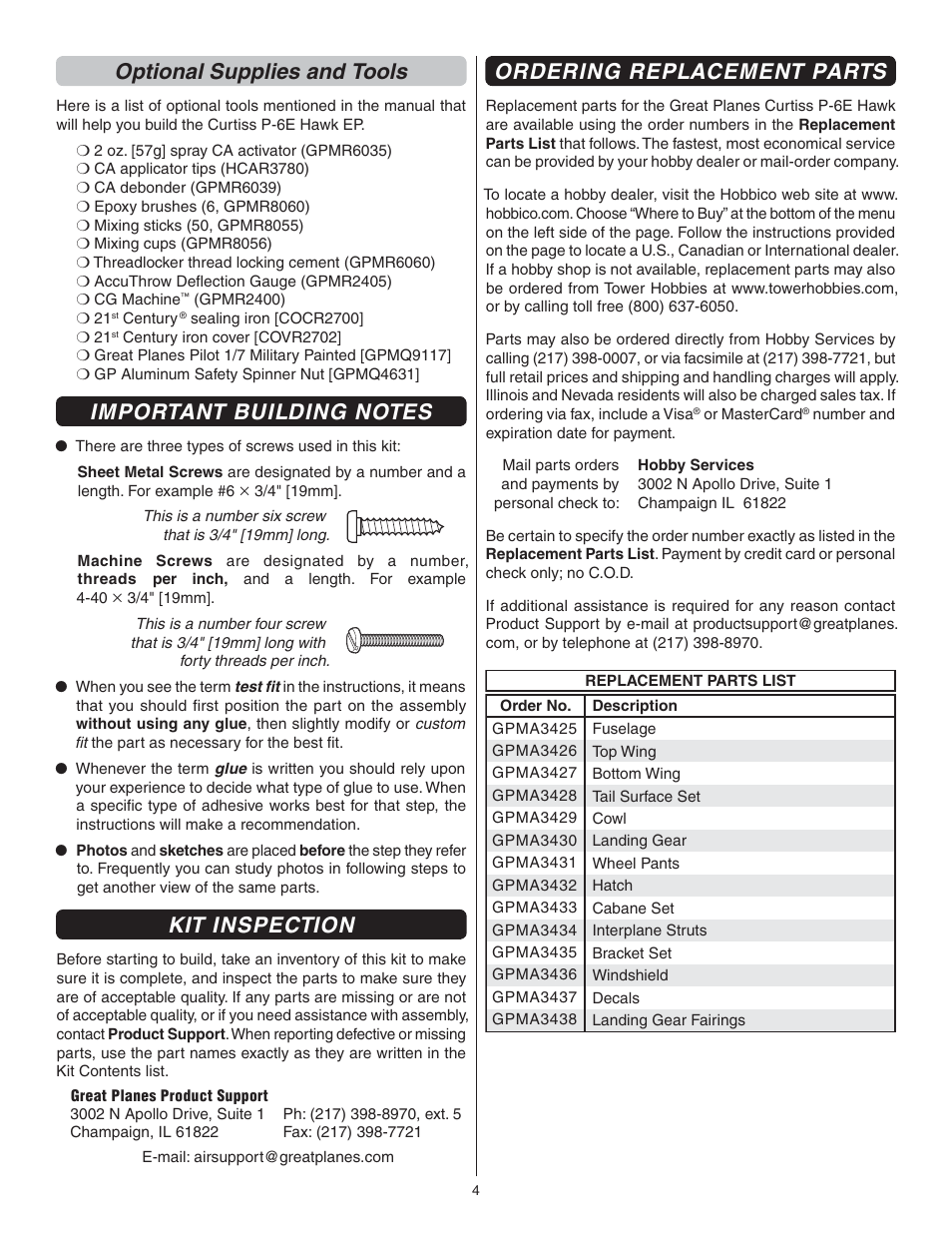 Optional supplies and tools, Kit inspection, Ordering replacement parts | Great Planes Curtis P-6E Hawk EP Biplane ARF - GPMA1164 User Manual | Page 4 / 24