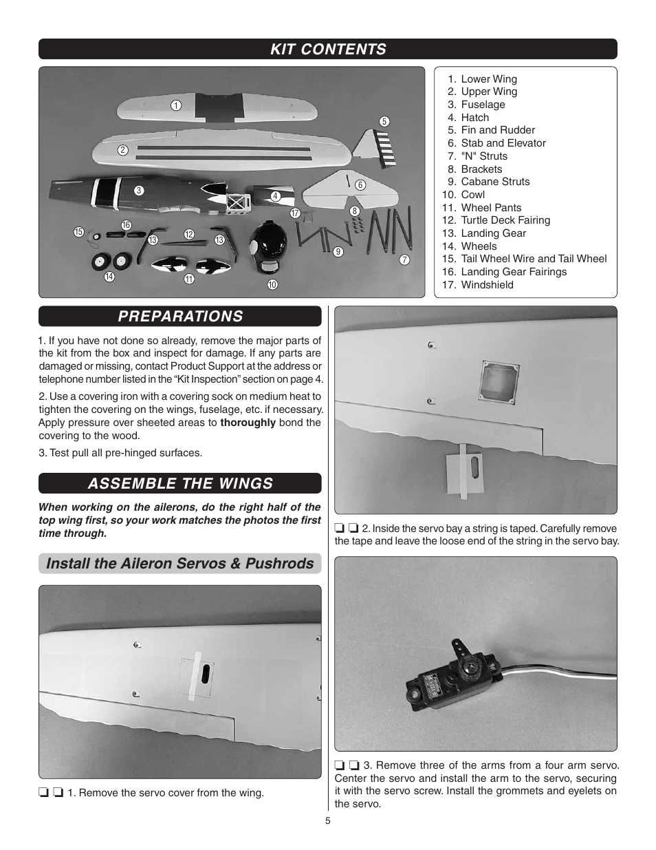 Preparations, Assemble the wings, Install the aileron servos & pushrods | Kit contents | Great Planes Curtis P-6E Hawk EP Biplane ARF - GPMA1164 User Manual | Page 5 / 24