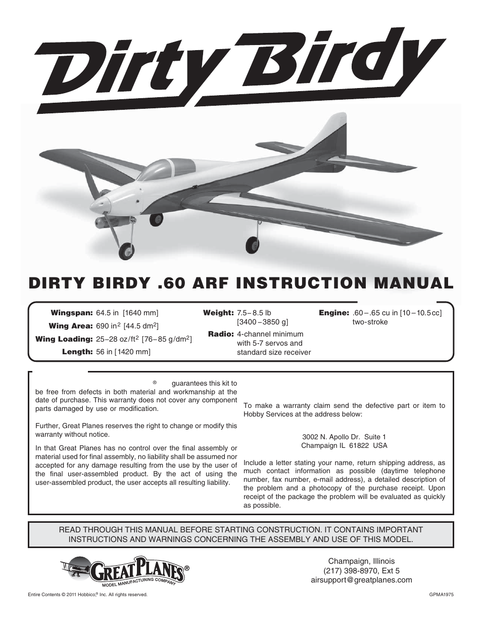 Great Planes Dirty Birdy .60 ARF - GPMA1975 User Manual | 44 pages