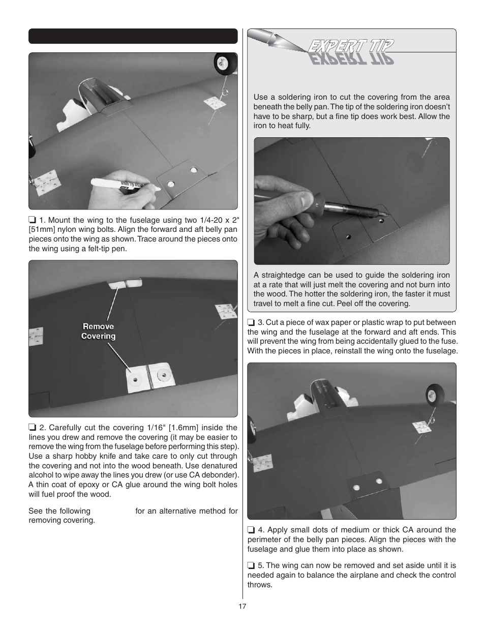 Mount the wing, How to cut covering from balsa | Great Planes Dirty Birdy .60 ARF - GPMA1975 User Manual | Page 17 / 44