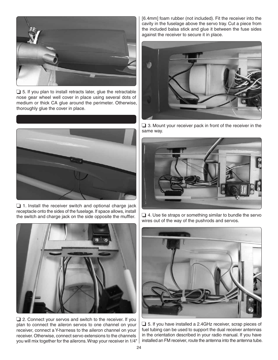 Install the electronics | Great Planes Dirty Birdy .60 ARF - GPMA1975 User Manual | Page 28 / 44