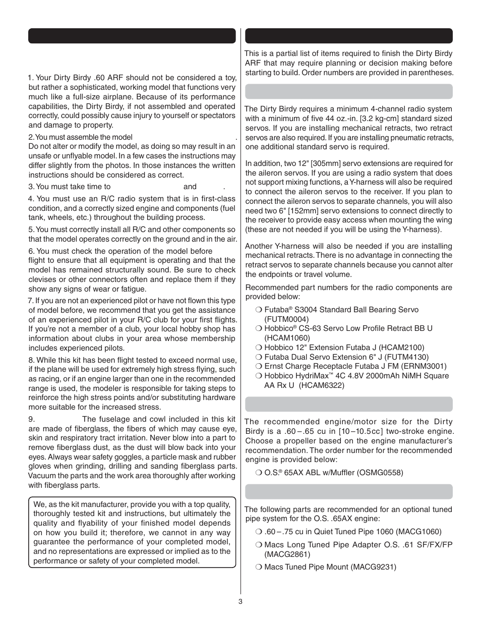 Safety precautions, Decisions you must make, Radio equipment | Engine recommendations, Optional tuned pipes | Great Planes Dirty Birdy .60 ARF - GPMA1975 User Manual | Page 3 / 44