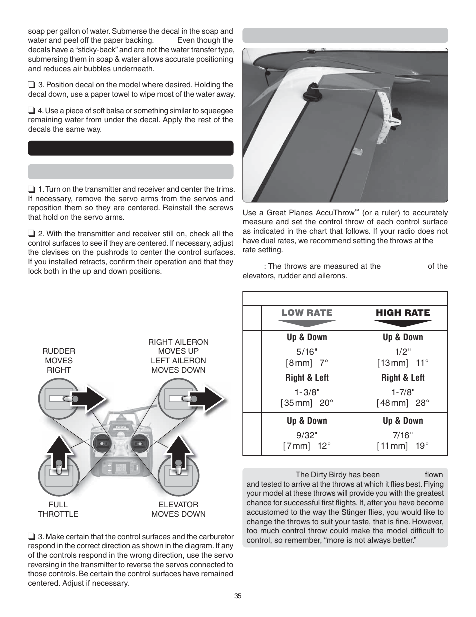 Channel radio setup (standard mode 2), Set the control throws | Great Planes Dirty Birdy .60 ARF - GPMA1975 User Manual | Page 39 / 44