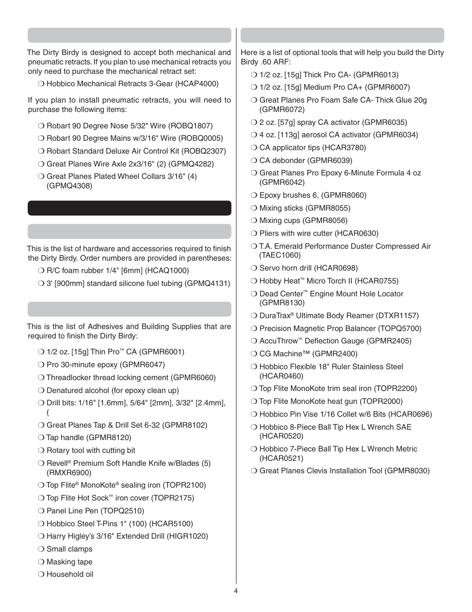 Optional retracts, Adhesives and building supplies, Optional supplies and tools | Great Planes Dirty Birdy .60 ARF - GPMA1975 User Manual | Page 4 / 44