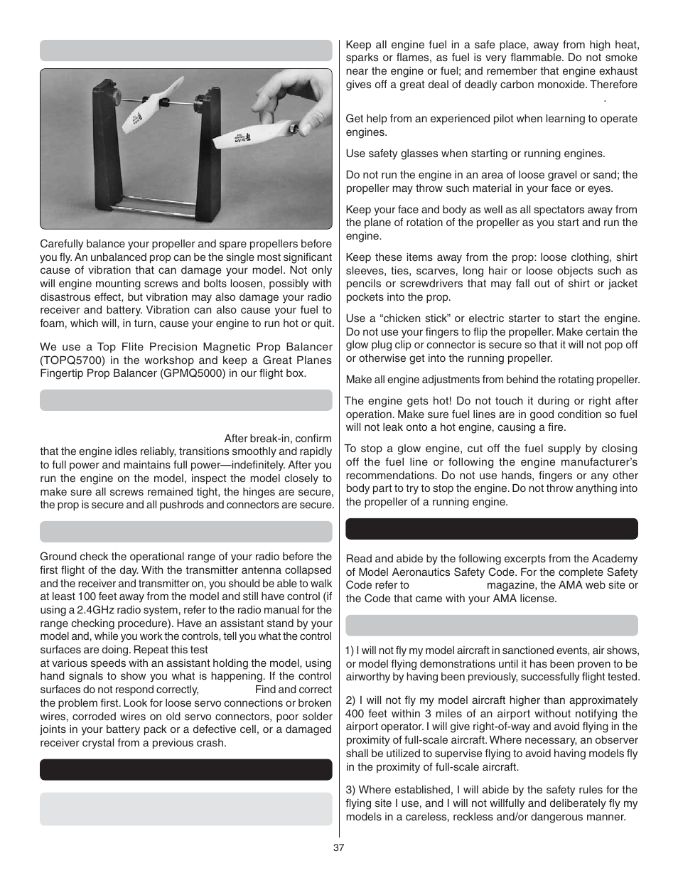 Balance propellers, Ground check, Range check | Engine safety precautions, Ama safety code (excerpts), General | Great Planes Dirty Birdy .60 ARF - GPMA1975 User Manual | Page 41 / 44