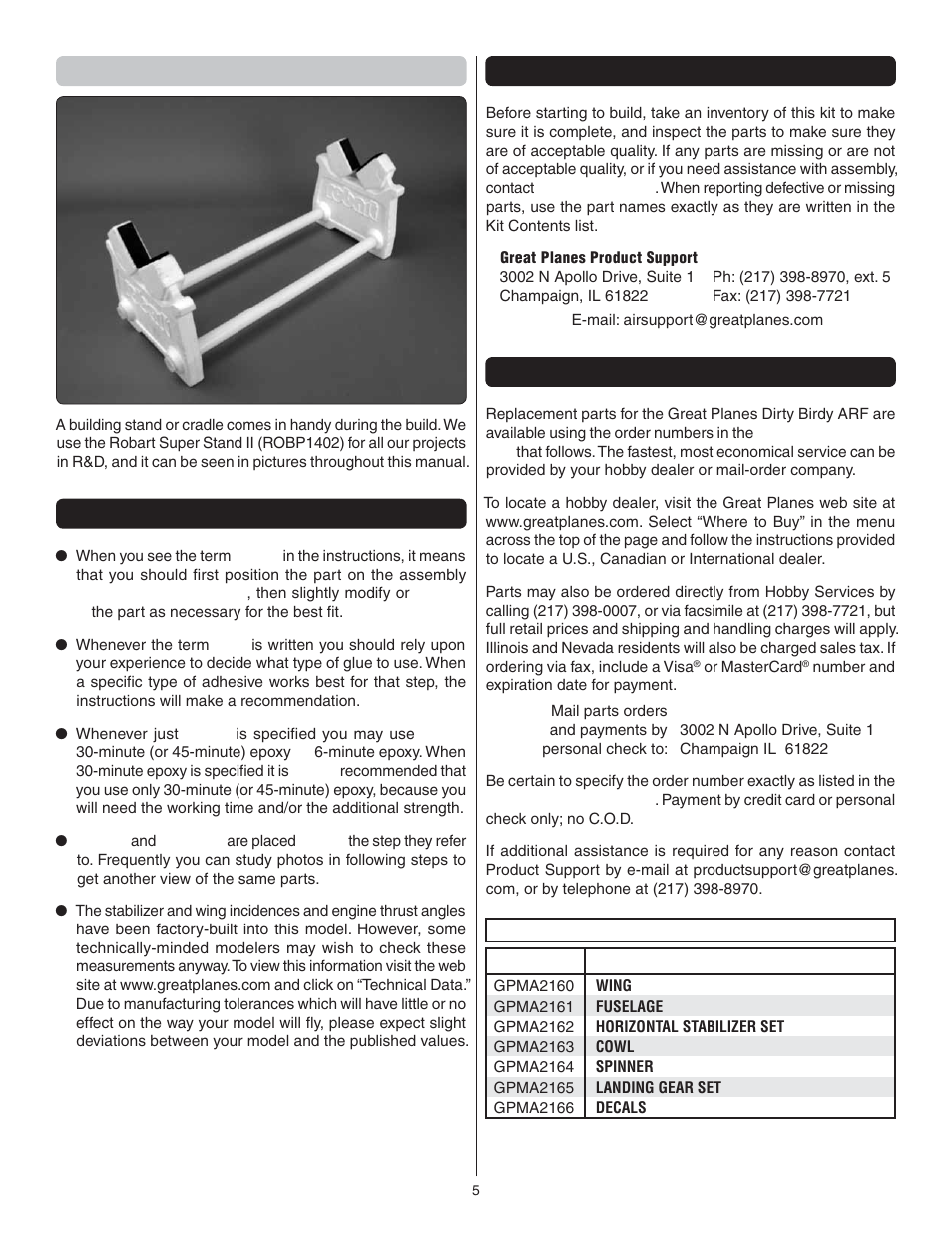 Building stand, Kit inspection, Ordering replacement parts | Great Planes Dirty Birdy .60 ARF - GPMA1975 User Manual | Page 5 / 44