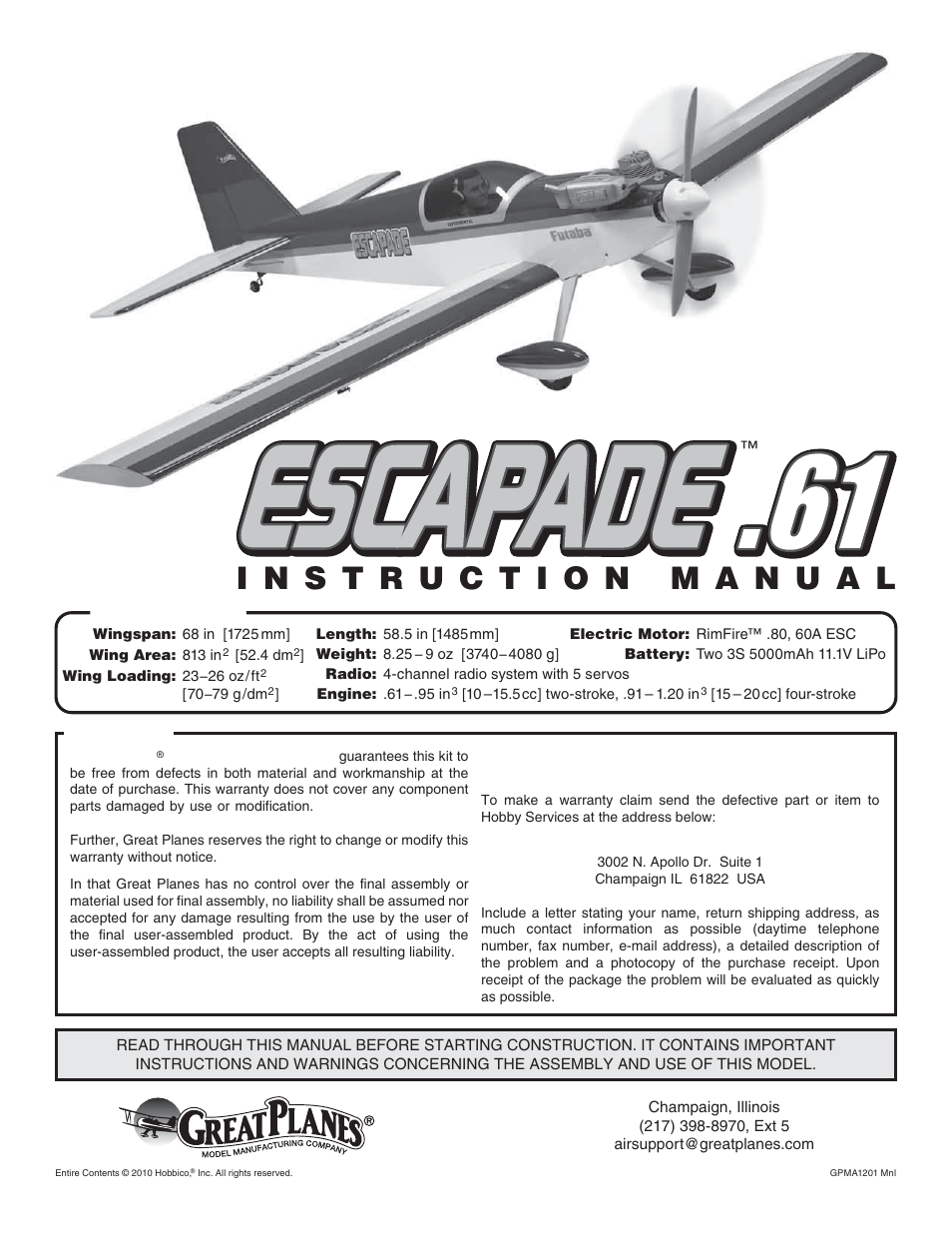 Great Planes Escapade .61 GP/EP ARF - GPMA1201 User Manual | 28 pages