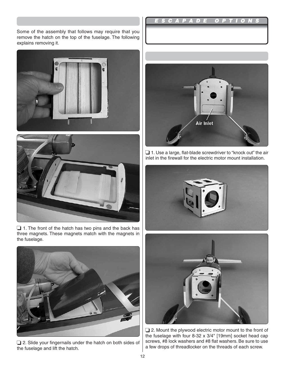 Removing the fuselage hatch, Mount the electric motor | Great Planes Escapade .61 GP/EP ARF - GPMA1201 User Manual | Page 12 / 28