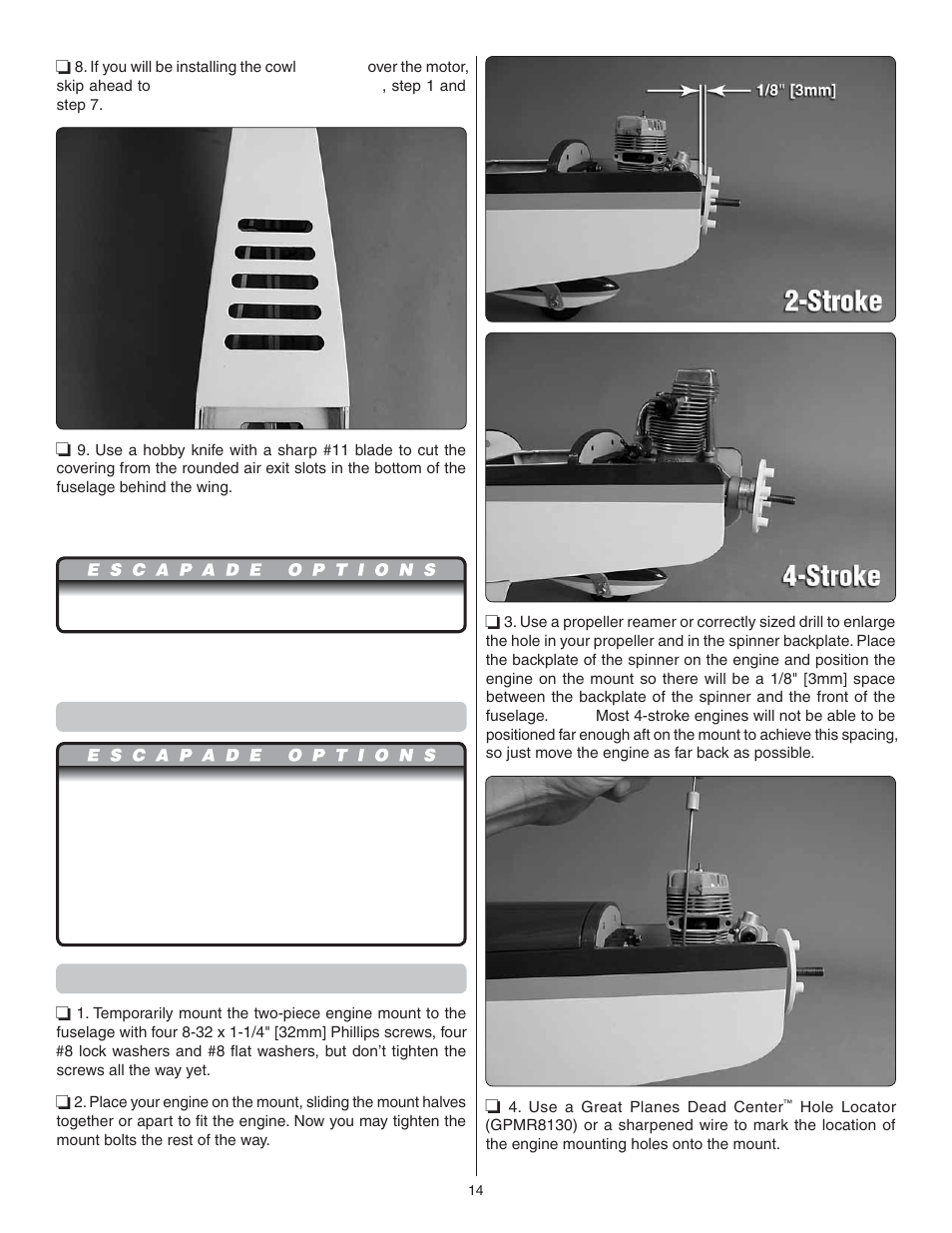 Mount the glow engine, Mount the engine | Great Planes Escapade .61 GP/EP ARF - GPMA1201 User Manual | Page 14 / 28