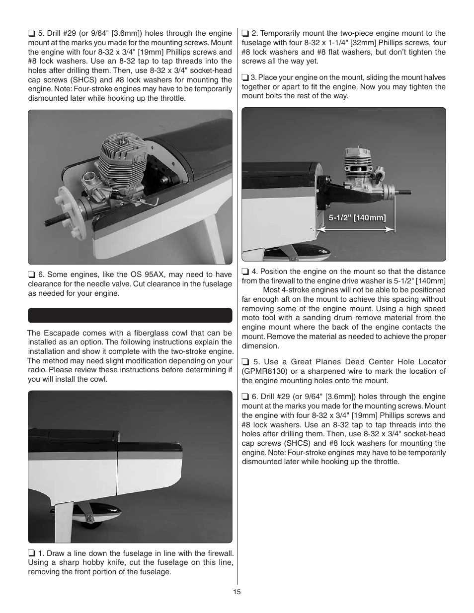 Install the cowl (optional) | Great Planes Escapade .61 GP/EP ARF - GPMA1201 User Manual | Page 15 / 28
