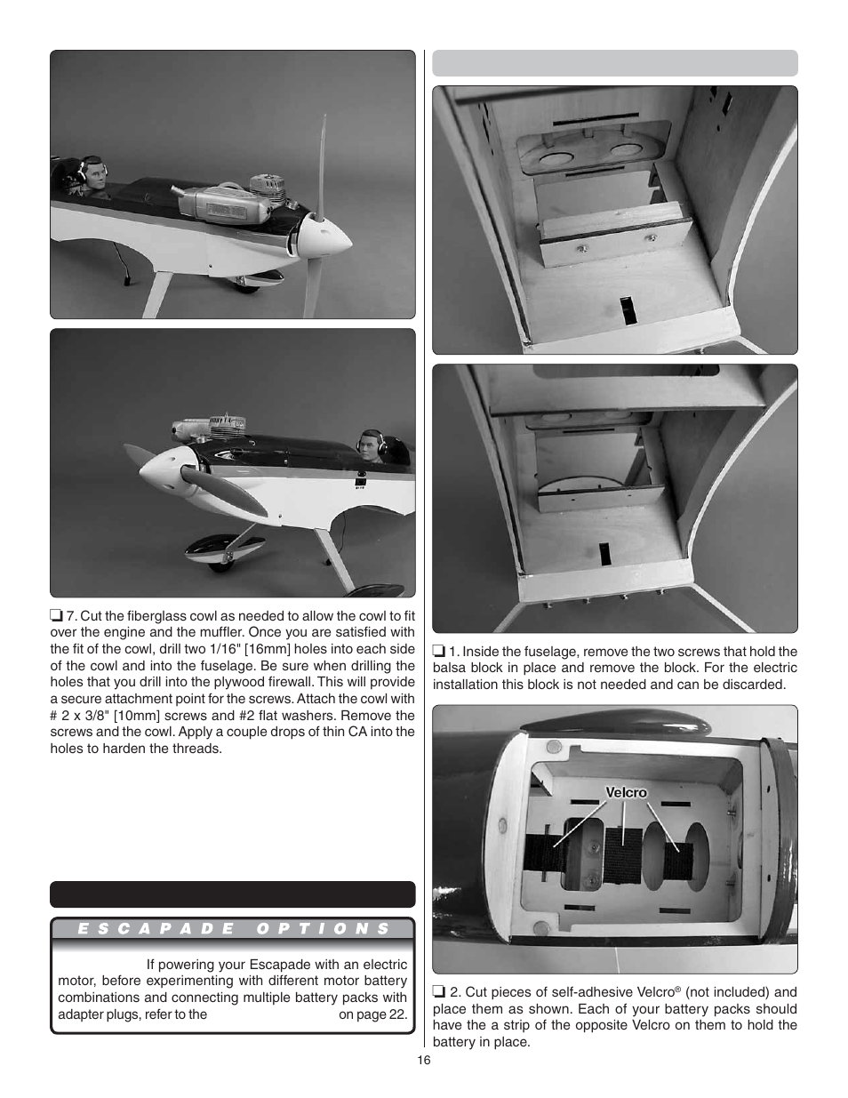 Mount the fuel tank or battery, Mount the battery | Great Planes Escapade .61 GP/EP ARF - GPMA1201 User Manual | Page 16 / 28