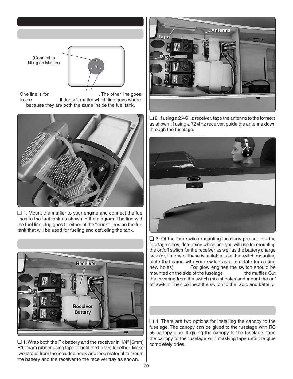 Final assembly install the fuel line, Final radio installation, Install the canopy | Great Planes Escapade .61 GP/EP ARF - GPMA1201 User Manual | Page 20 / 28