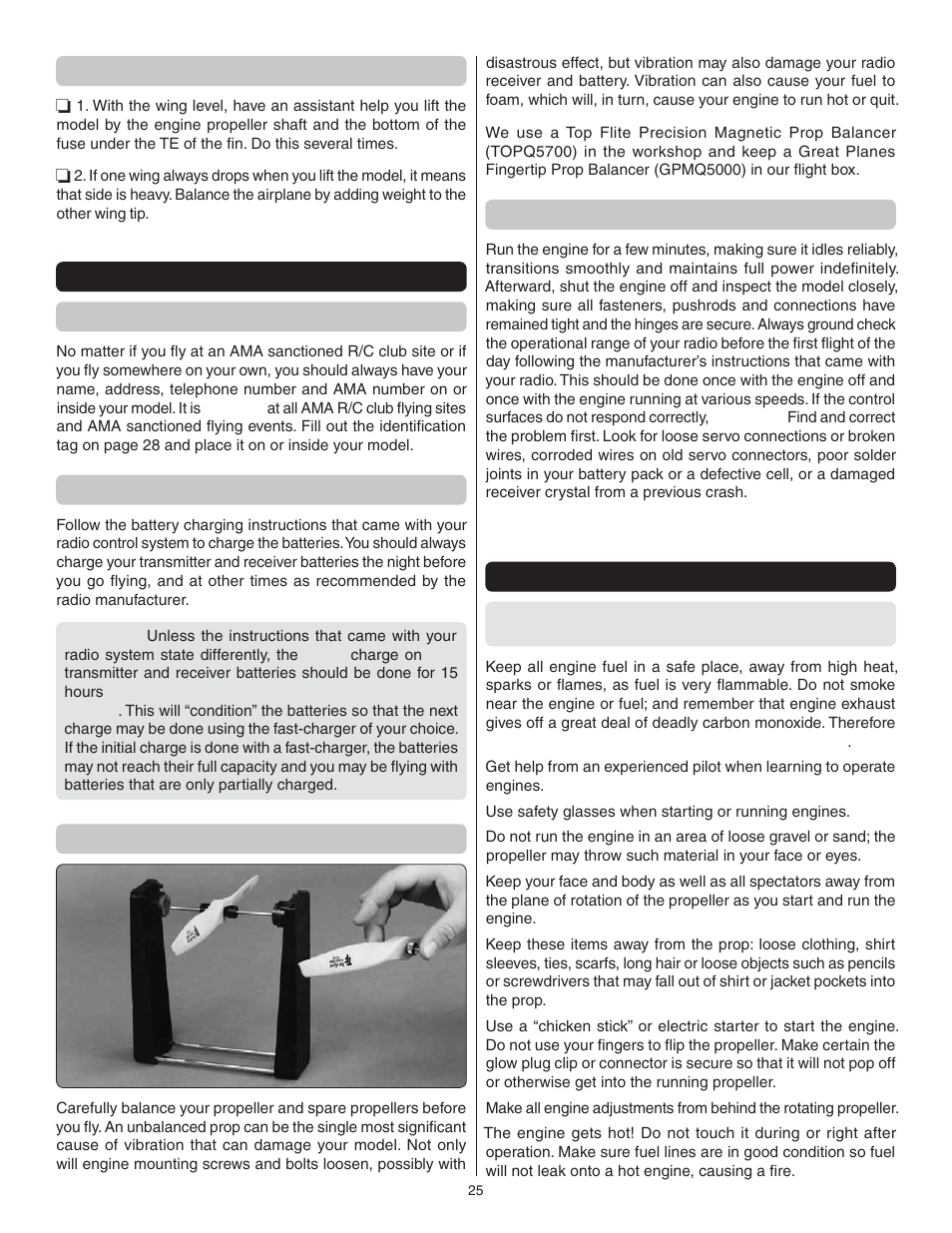 Balance the model laterally, Preflight identify your model, Charge the batteries | Balance the propellers, Ground check and range check, Engine safety precautions | Great Planes Escapade .61 GP/EP ARF - GPMA1201 User Manual | Page 25 / 28
