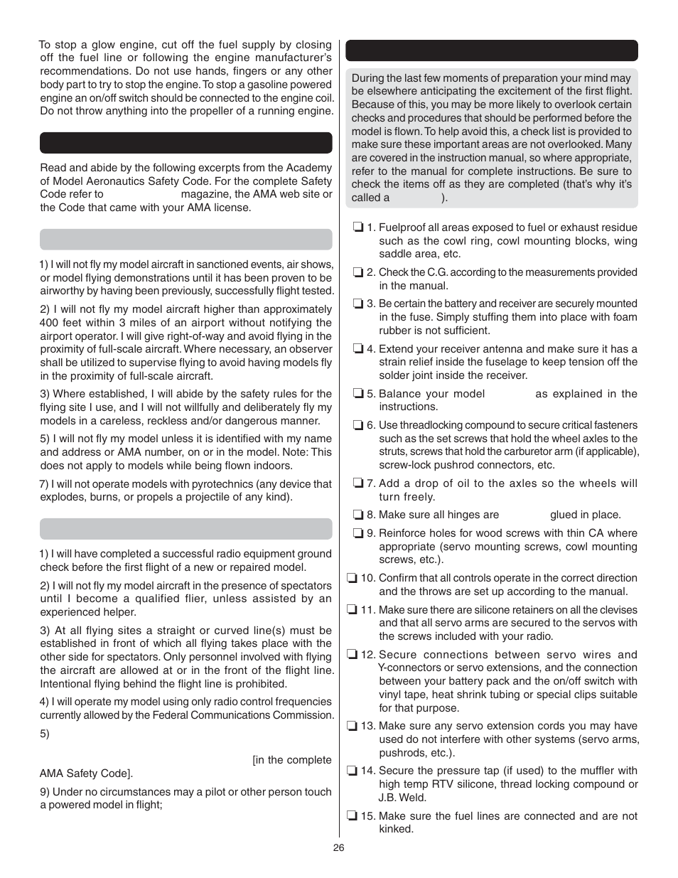 Ama safety code (excerpts), General, Radio control | Check list | Great Planes Escapade .61 GP/EP ARF - GPMA1201 User Manual | Page 26 / 28
