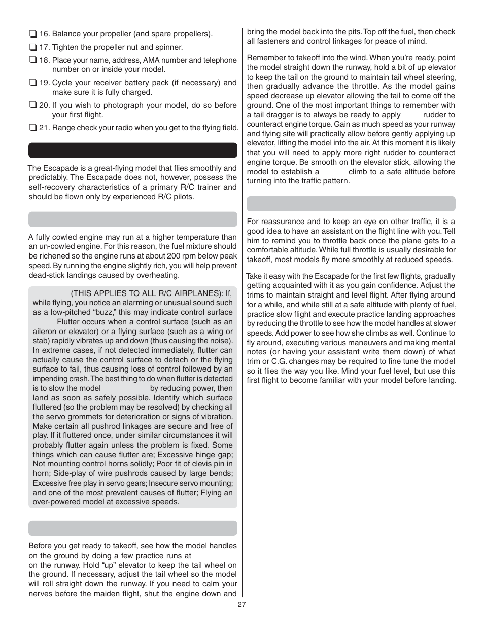 Flying, Fuel mixture adjustments, Takeoff | Flight | Great Planes Escapade .61 GP/EP ARF - GPMA1201 User Manual | Page 27 / 28