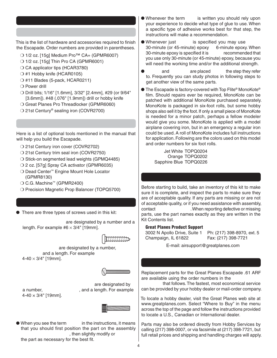 Optional supplies and tools, Kit inspection, Ordering replacement parts | Great Planes Escapade .61 GP/EP ARF - GPMA1201 User Manual | Page 4 / 28
