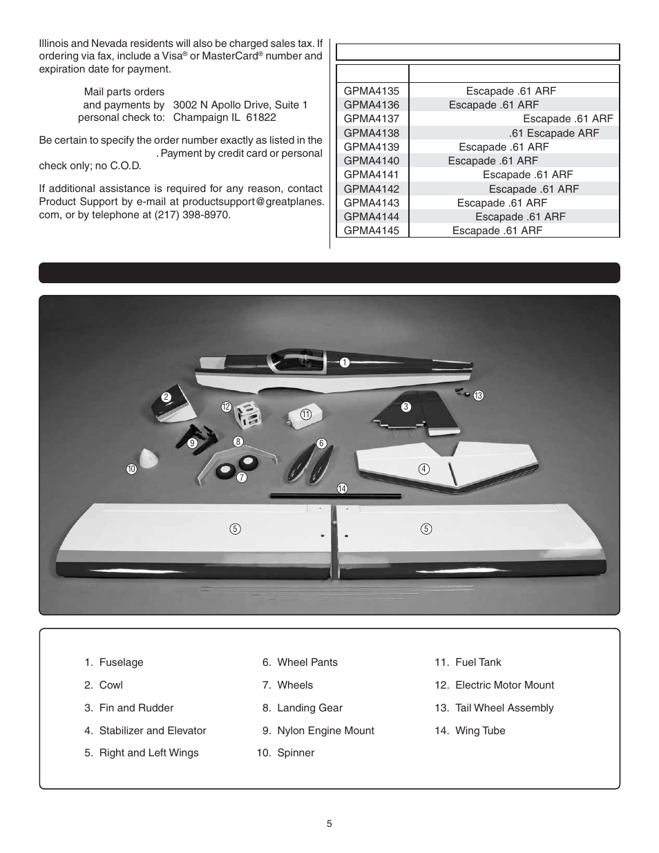 Kit contents | Great Planes Escapade .61 GP/EP ARF - GPMA1201 User Manual | Page 5 / 28