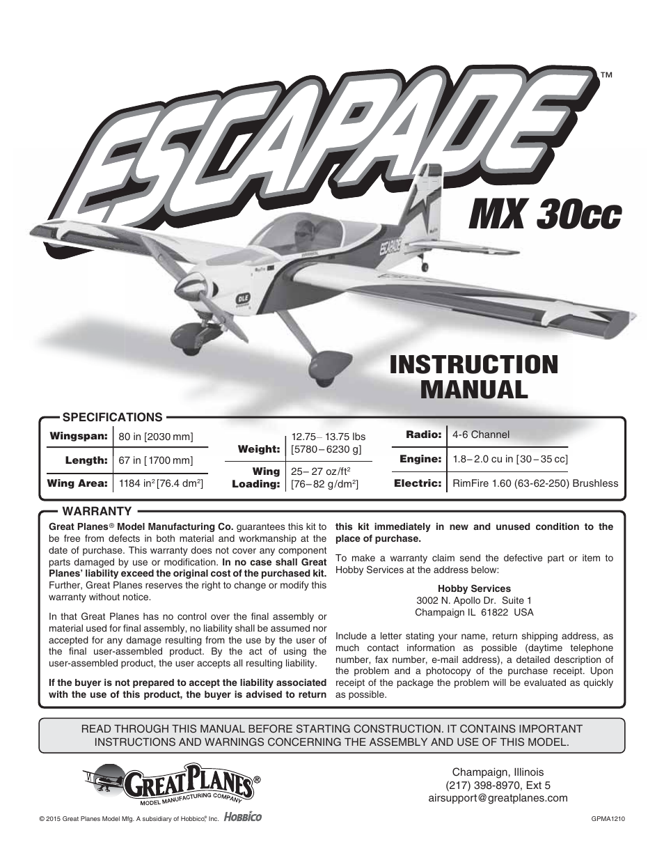 Great Planes Escapade MX 30cc ARF - GPMA1210 User Manual | 32 pages