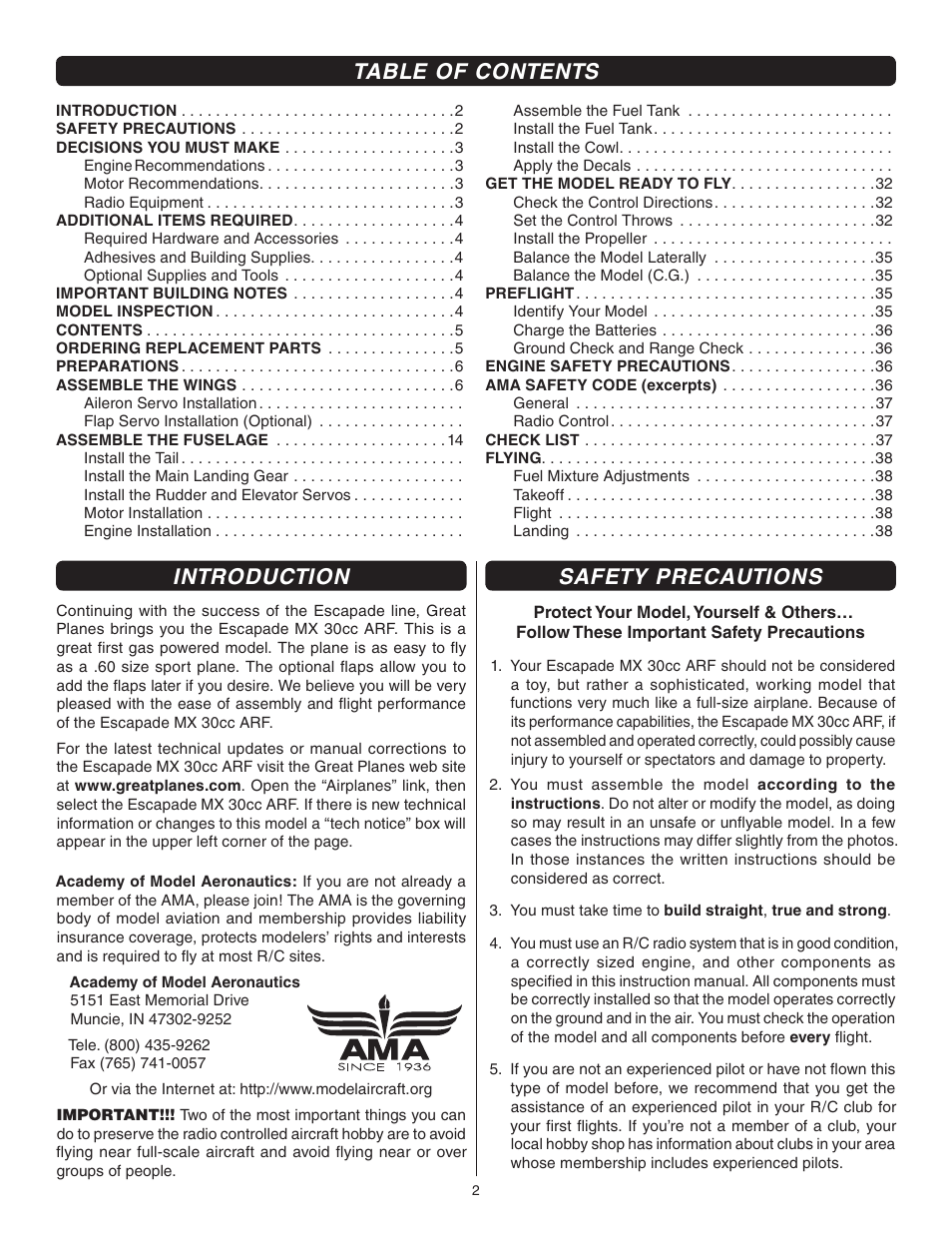 Great Planes Escapade MX 30cc ARF - GPMA1210 User Manual | Page 2 / 32