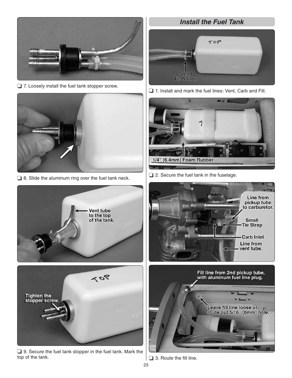 Install the fuel tank | Great Planes Escapade MX 30cc ARF - GPMA1210 User Manual | Page 23 / 32