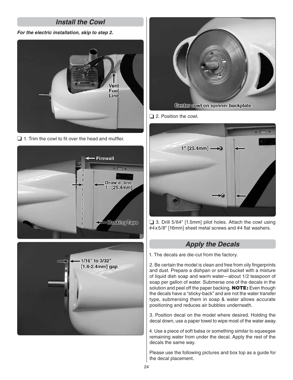 Install the cowl, Apply the decals | Great Planes Escapade MX 30cc ARF - GPMA1210 User Manual | Page 24 / 32