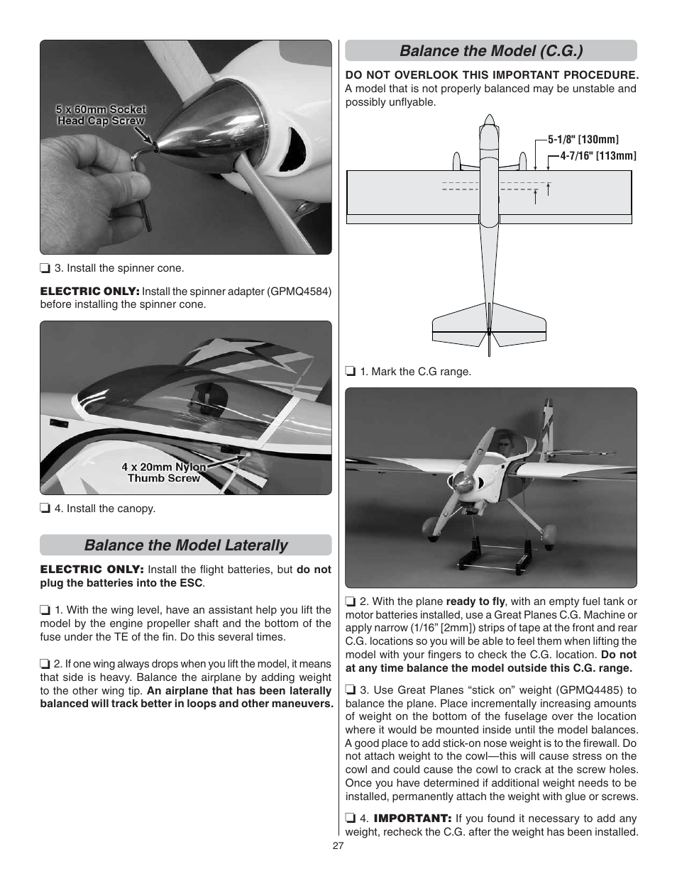 Balance the model laterally, Balance the model (c.g.) | Great Planes Escapade MX 30cc ARF - GPMA1210 User Manual | Page 27 / 32