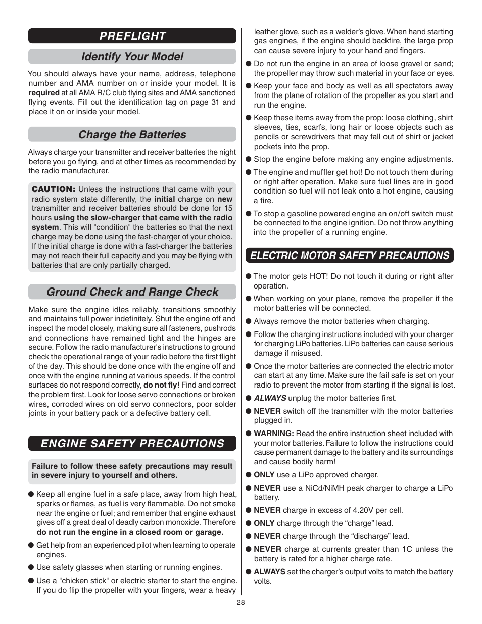 Preflight identify your model, Charge the batteries, Ground check and range check | Engine safety precautions, Electric motor safety precautions | Great Planes Escapade MX 30cc ARF - GPMA1210 User Manual | Page 28 / 32