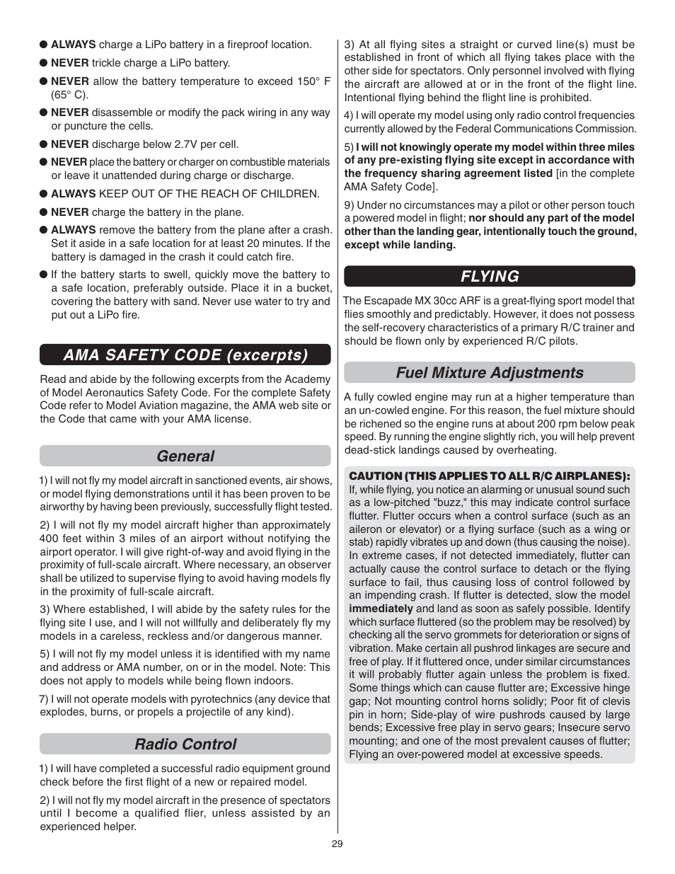 Ama safety code (excerpts), General, Radio control | Flying, Fuel mixture adjustments | Great Planes Escapade MX 30cc ARF - GPMA1210 User Manual | Page 29 / 32