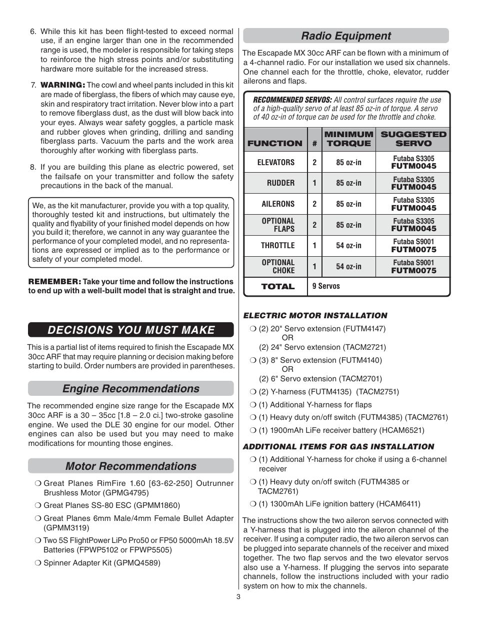 Decisions you must make, Engine recommendations, Motor recommendations | Radio equipment | Great Planes Escapade MX 30cc ARF - GPMA1210 User Manual | Page 3 / 32