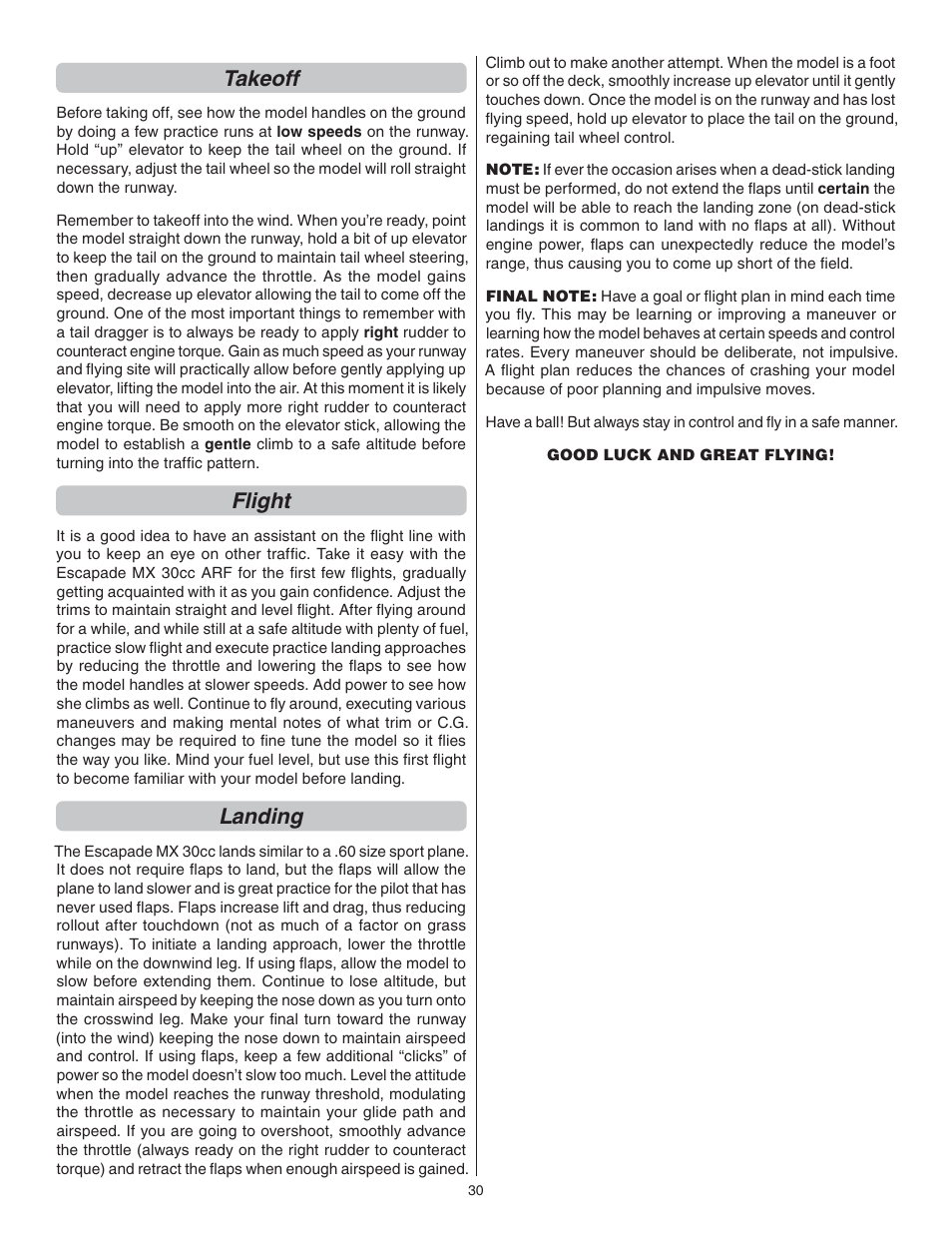 Takeoff, Flight, Landing | Great Planes Escapade MX 30cc ARF - GPMA1210 User Manual | Page 30 / 32