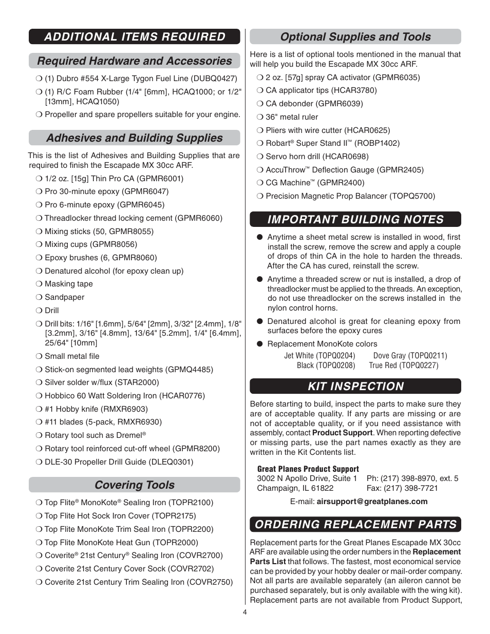 Adhesives and building supplies, Covering tools, Optional supplies and tools | Kit inspection, Ordering replacement parts | Great Planes Escapade MX 30cc ARF - GPMA1210 User Manual | Page 4 / 32