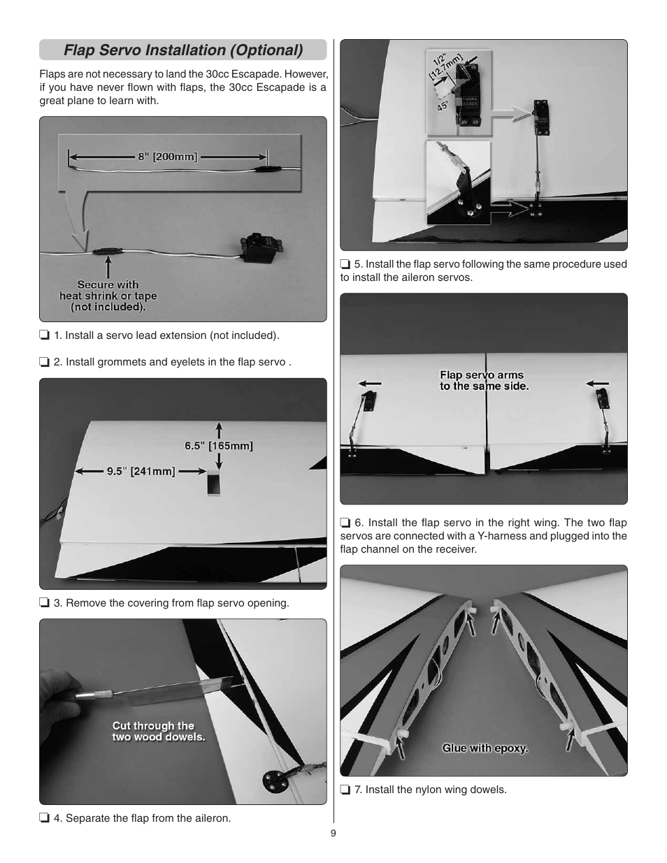 Flap servo installation (optional) | Great Planes Escapade MX 30cc ARF - GPMA1210 User Manual | Page 9 / 32