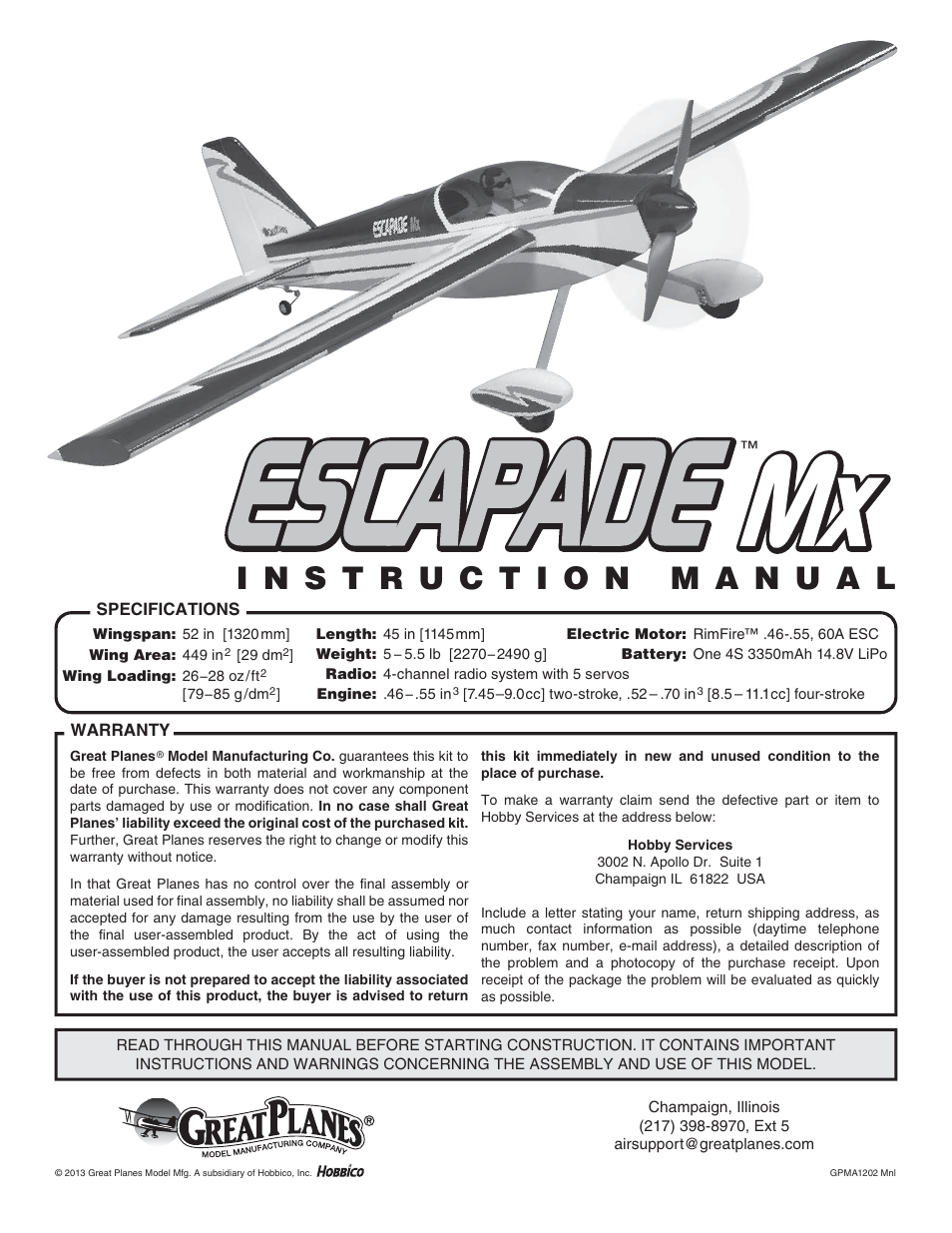 Great Planes Escapade MX GP/EP ARF - GPMA1202 User Manual | 24 pages