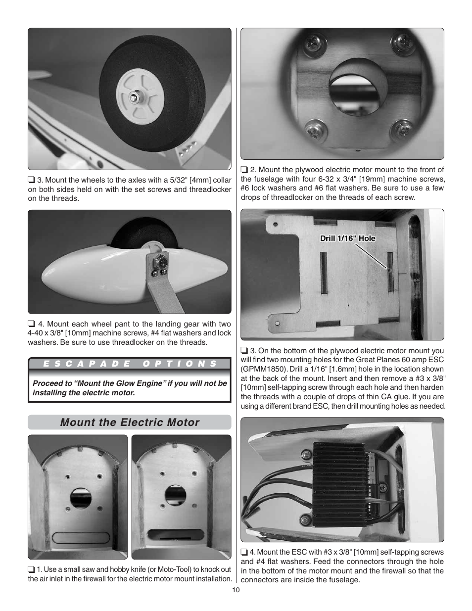 Mount the electric motor | Great Planes Escapade MX GP/EP ARF - GPMA1202 User Manual | Page 10 / 24