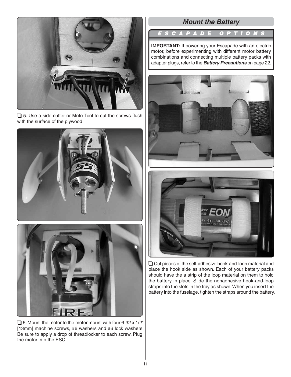 Mount the battery | Great Planes Escapade MX GP/EP ARF - GPMA1202 User Manual | Page 11 / 24