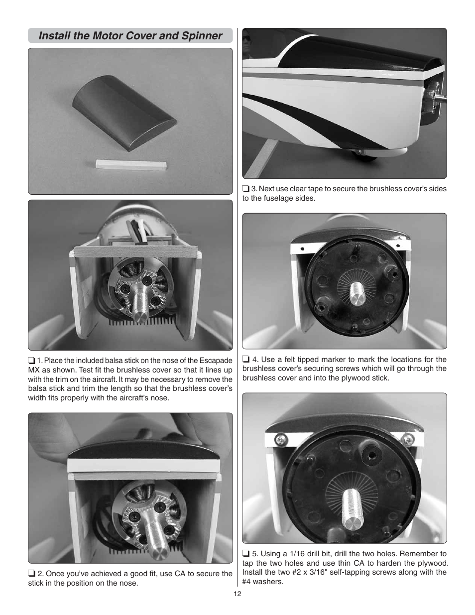 Install the motor cover and spinner | Great Planes Escapade MX GP/EP ARF - GPMA1202 User Manual | Page 12 / 24