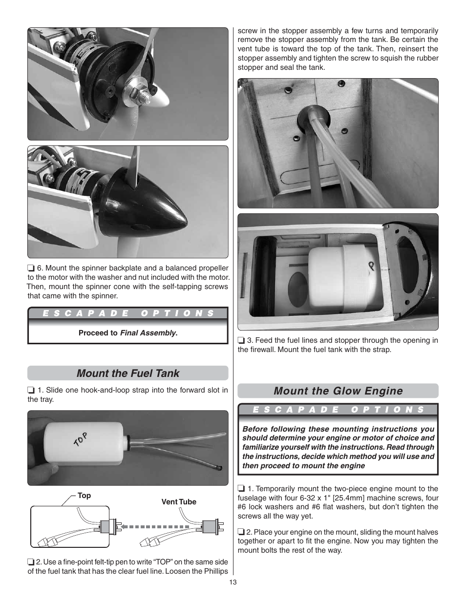 Mount the fuel tank, Mount the glow engine | Great Planes Escapade MX GP/EP ARF - GPMA1202 User Manual | Page 13 / 24