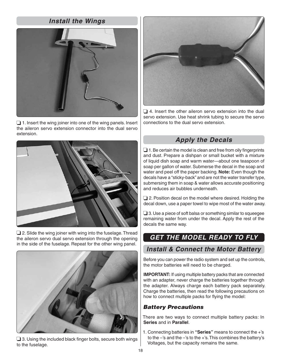 Install the wings, Apply the decals | Great Planes Escapade MX GP/EP ARF - GPMA1202 User Manual | Page 18 / 24