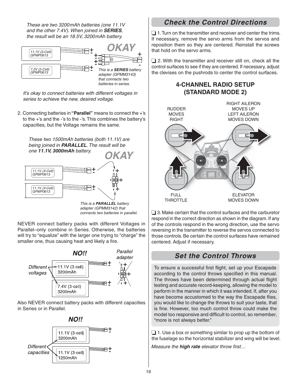 Okay, Check the control directions, Set the control throws | Great Planes Escapade MX GP/EP ARF - GPMA1202 User Manual | Page 19 / 24