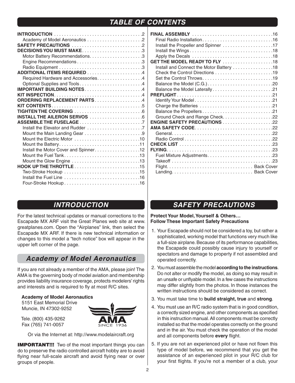 Great Planes Escapade MX GP/EP ARF - GPMA1202 User Manual | Page 2 / 24