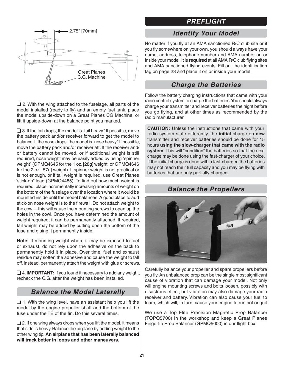 Balance the model laterally, Preflight identify your model, Charge the batteries | Balance the propellers | Great Planes Escapade MX GP/EP ARF - GPMA1202 User Manual | Page 21 / 24