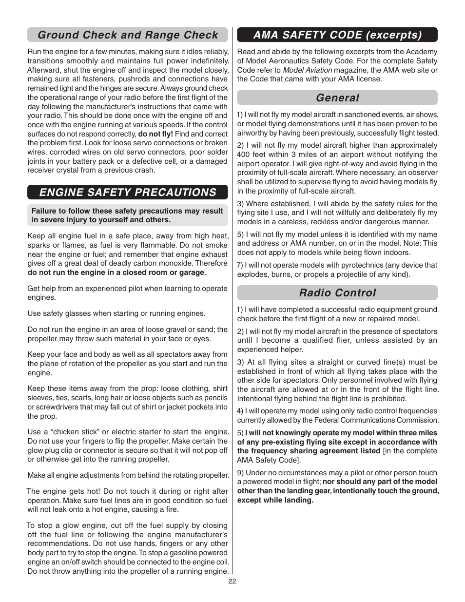 Ground check and range check, Engine safety precautions, Ama safety code (excerpts) | General, Radio control | Great Planes Escapade MX GP/EP ARF - GPMA1202 User Manual | Page 22 / 24