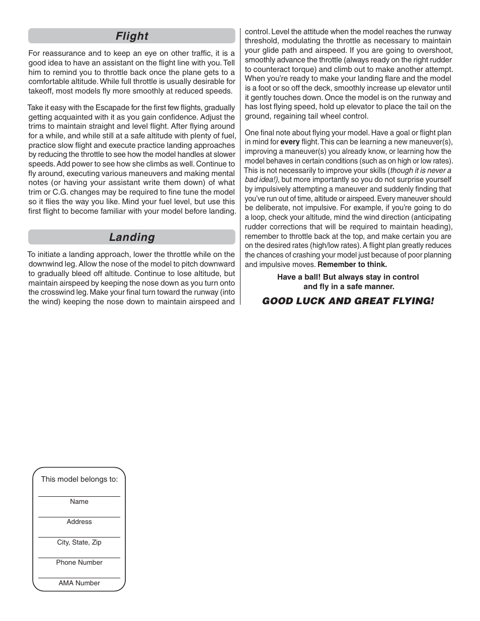 Flight, Landing | Great Planes Escapade MX GP/EP ARF - GPMA1202 User Manual | Page 24 / 24