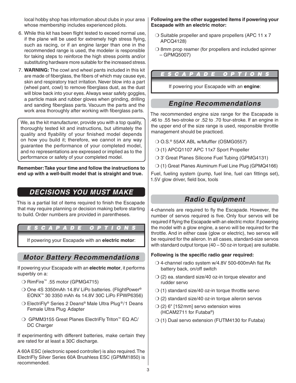 Decisions you must make, Motor battery recommendations, Engine recommendations | Radio equipment | Great Planes Escapade MX GP/EP ARF - GPMA1202 User Manual | Page 3 / 24